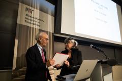 Prof. Silbey, Chair of the MIT Faculty, presents Prof. Fink with the Killian Award certificate; Photo: Jake Belcher